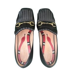GUCCI Black Leather Fringe Loafer Pumps, Size 7